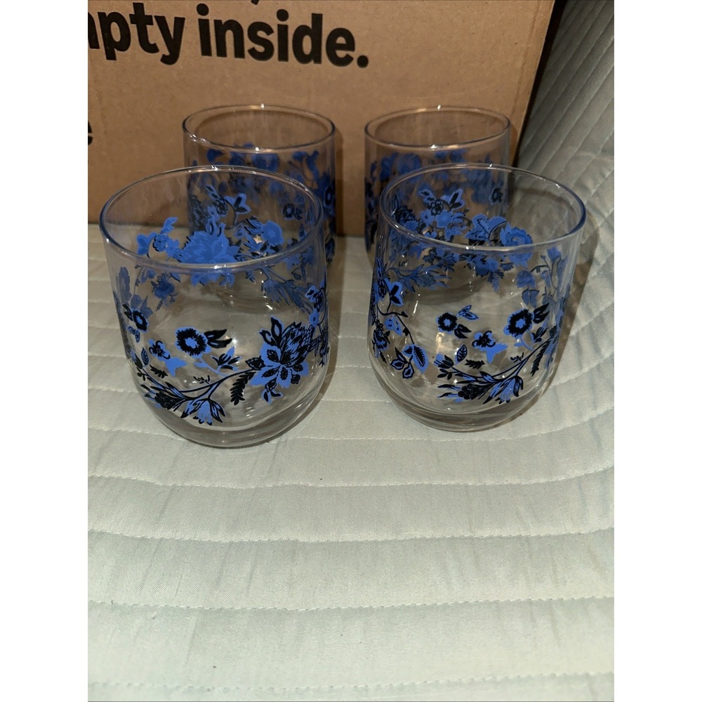 Royal Norfolk Blue Floral Cristar Mikonos Stemless Wine Drinking Glass Set of 4